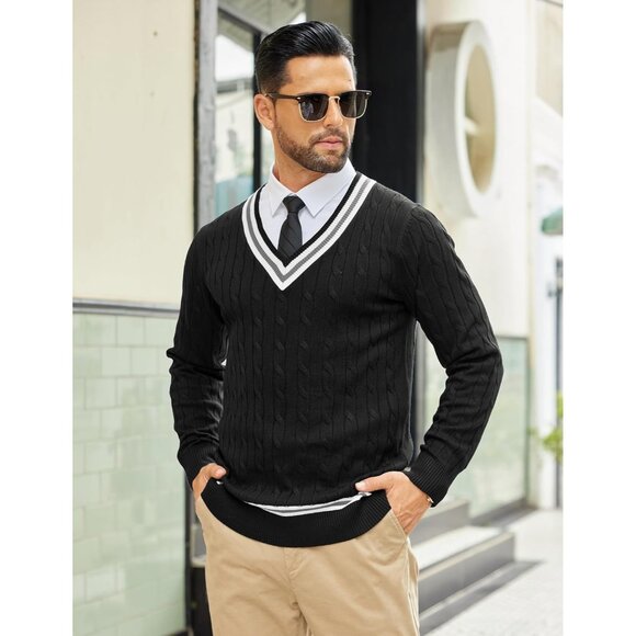 Men's V Neck Sweater Long Sleeve Cable Knit Sweater Pullover Slim Fit Ink Black - Picture 3 of 7